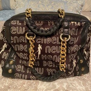 henri bendel Brown Logo Chain-Handle Satchel with Gold Hardware